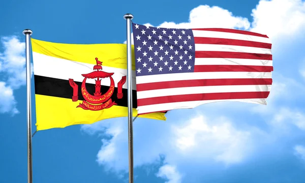 Bandeira Brunei com bandeira americana, renderização 3D — Fotografia de Stock