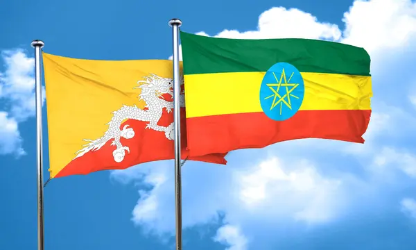 Bandeira do Butão com bandeira da Etiópia, renderização 3D — Fotografia de Stock