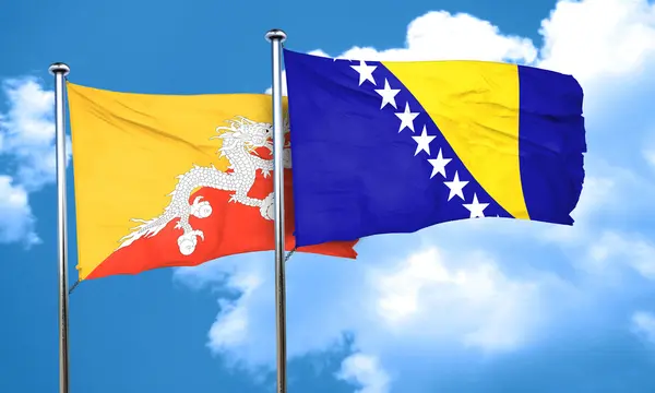 Bandera de Bután con bandera de Bosnia y Herzegovina, representación 3D — Foto de Stock