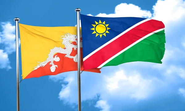 Bandera de Bután con bandera de Namibia, representación 3D — Foto de Stock