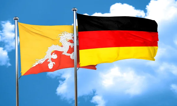 Bandiera del Bhutan con bandiera tedesca, rendering 3D — Foto Stock