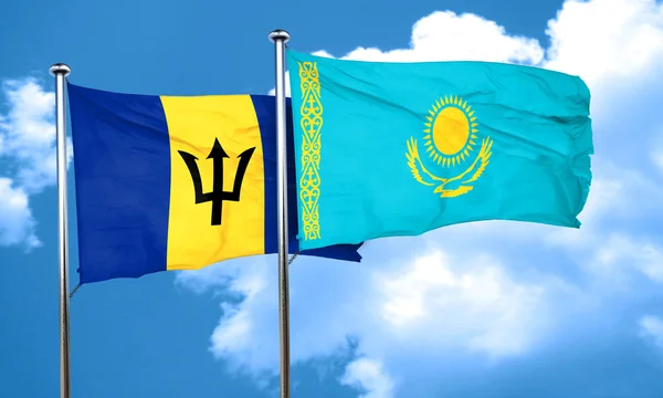 Barbados flag with Kazakhstan flag, 3D rendering