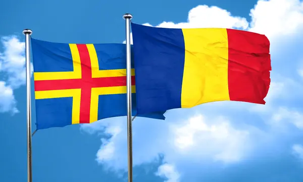 De vlag van de Ålandseilanden met Roemenië, 3D-rendering — Stockfoto