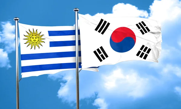 Uruguay flag with South Korea flag, 3D rendering