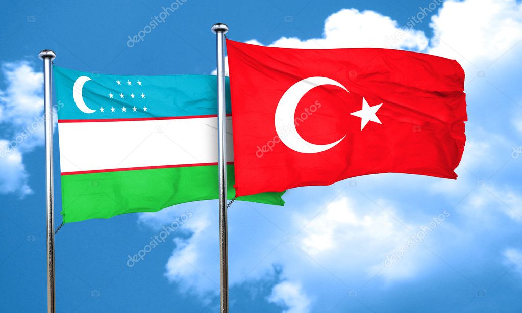 Uzbekistan flag with Turkey flag, 3D rendering