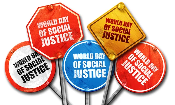 Παγκόσμια ημέρα κοινωνικής δικαιοσύνης, 3d rendering, Οδός σημάδια — Φωτογραφία Αρχείου