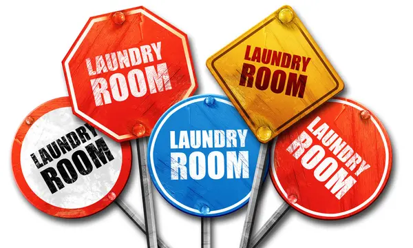 Laundry room, 3D rendering, street signs — Stock Photo, Image
