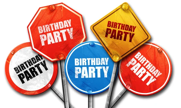 Birthday party, 3D rendering, street signs — Stock Photo, Image