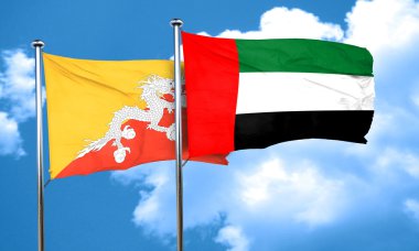 Birleşik Arap Emirlikleri bayrağı, 3d render ile Bhutan bayrağı