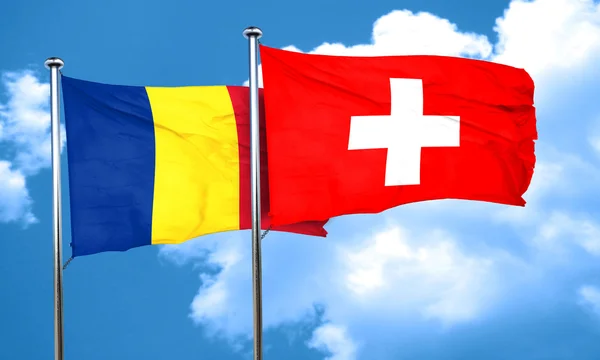 Vlajka vlajka Rumunsko se Švýcarskem, 3d vykreslování — Stock fotografie