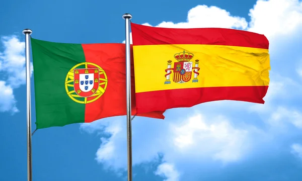 Vlag van Portugal met de vlag van Spanje, 3D-rendering — Stockfoto