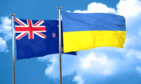 Nový Zéland vlajka s Ukrajinou vlajka, 3d vykreslování — Stock fotografie