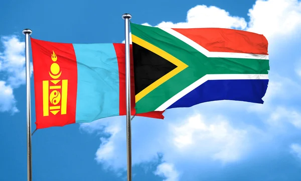 Mongolsko vlajka s Jihoafrickou vlajka, 3d vykreslování — Stock fotografie
