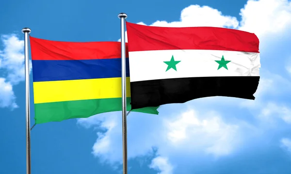 Mauritius flag with Syria flag, 3D rendering