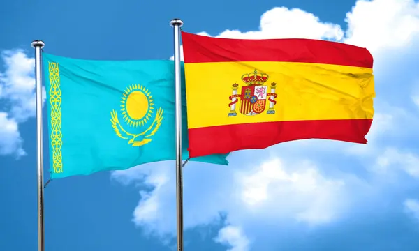 Bandera de Kazajstán con bandera de España, representación 3D —  Fotos de Stock