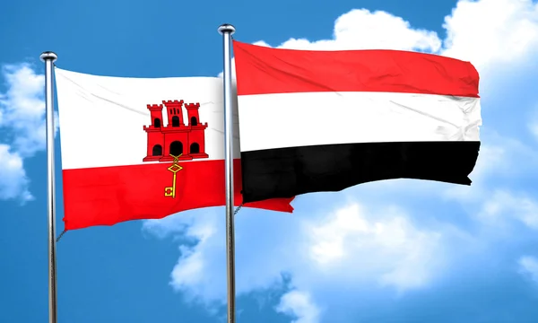 Gibraltar flag con bandera de Yemen, representación 3D — Foto de Stock