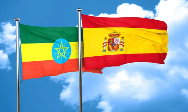 Ethiopia flag with Spain flag, 3D rendering