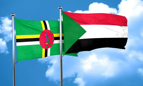 Dominika vlajka s Súdán vlajka, 3d vykreslování — Stock fotografie