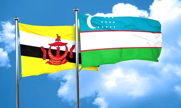 Bandeira Brunei com bandeira do Uzbequistão, renderização 3D — Fotografia de Stock