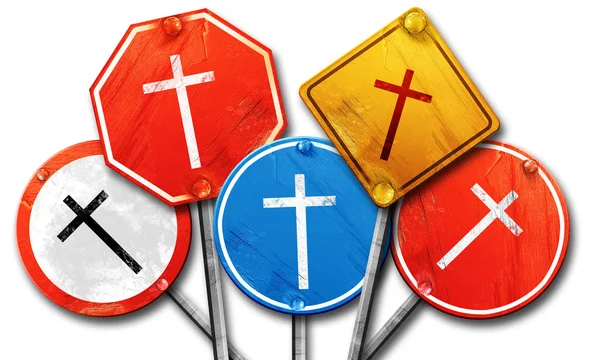Icône croix chrétienne, rendu 3D, rude collection de panneaux de rue — Photo