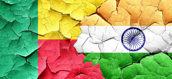 Benin flag with India flag on a grunge cracked wall — Stock Photo, Image