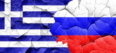 Yunanistan bayrağı bir grunge Rusya bayrağı ile duvar kırık