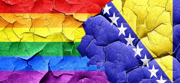 Флаг гордости геев с флагом Боснии и Герцеговины на гранж-краке — стоковое фото