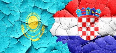 Kazakistan bayrağı bir grunge Hırvatistan bayrağı ile duvar kırık