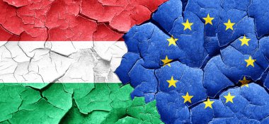 Macaristan bayrağı bir grunge Avrupa Birliği bayrağı ile duvar kırık