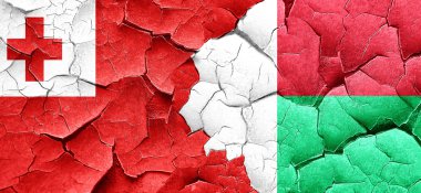 Tonga bayrak bir grunge Madagaskar bayrağı ile duvar kırık