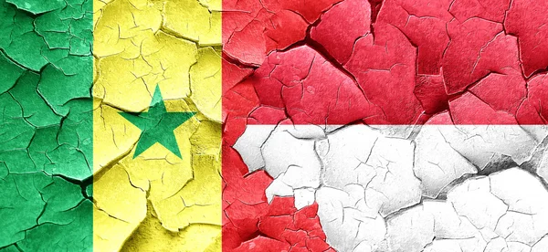 Senegalská vlajka s Indonésie vlajku grunge popraskané zdi — Stock fotografie
