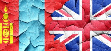 Moğolistan bayrağı bir grunge Büyük Britanya bayrağı ile duvar kırık