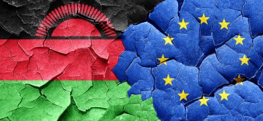 Malavi bayrak bir grunge Avrupa Birliği bayrağı ile duvar kırık