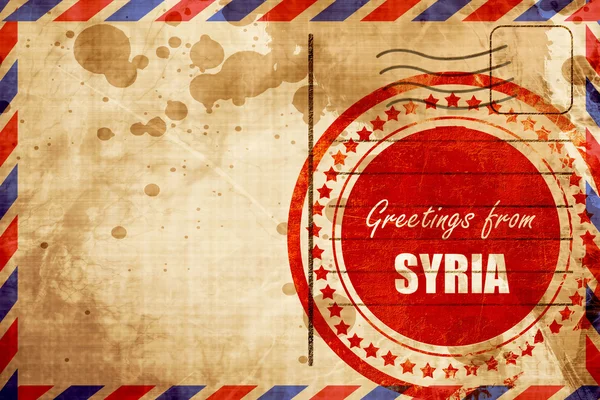Hälsningar från Syrien, röda grunge stämpel på en flygpost bakgrund — Stockfoto