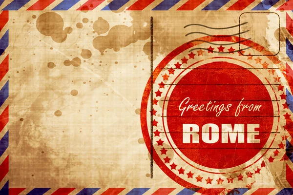 Saudações de Roma, selo grunge vermelho em um fundo de correio aéreo — Fotografia de Stock