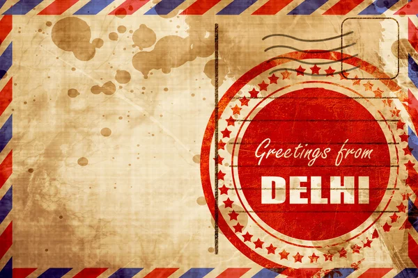 델리, 항공우편 배경에 빨간색 그런 지 스탬프 인사말 — 스톡 사진