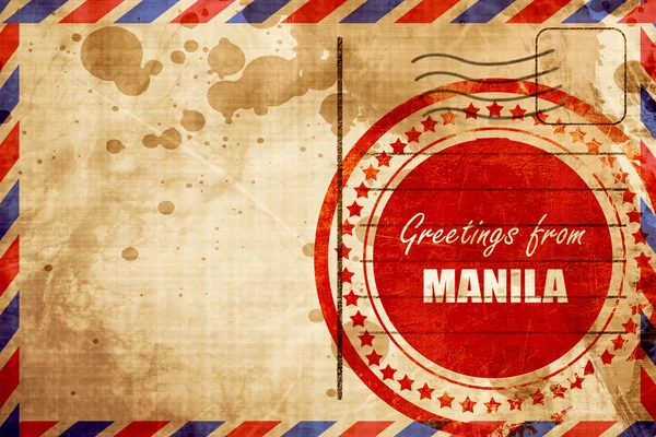 Groeten uit Manilla, rode grunge stempel op een luchtpost achtergrond — Stockfoto