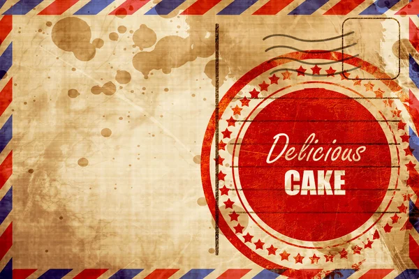 Delicioso cartel de pastel, sello grunge rojo sobre un fondo de correo aéreo —  Fotos de Stock