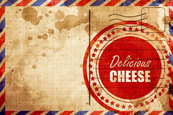 Delicioso signo de queso, sello grunge rojo sobre un fondo de correo aéreo —  Fotos de Stock