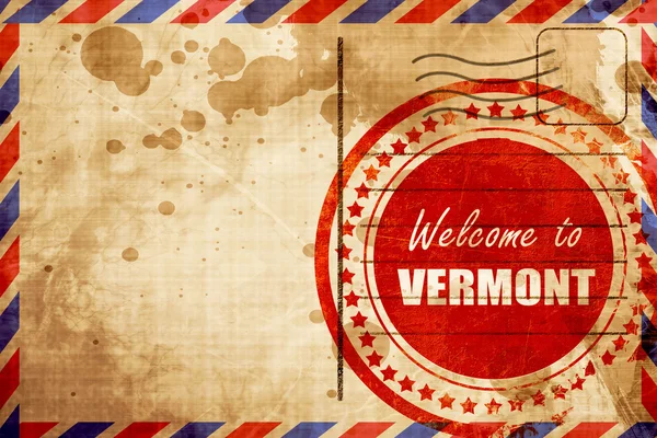 Bienvenido a Vermont, sello grunge rojo en un fondo de correo aéreo — Foto de Stock