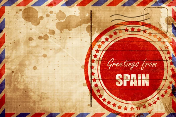 Saluti dalla Spagna, timbro grunge rosso su uno sfondo posta aerea — Foto Stock