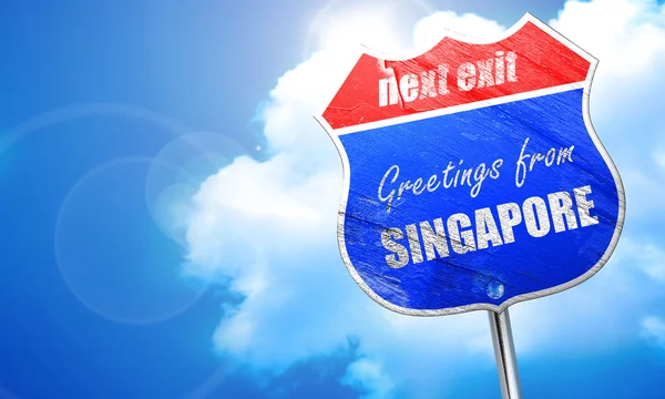 Pozdrowienia z Singapuru, renderowania 3d, niebieski ulica znak — Zdjęcie stockowe