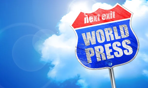 Prensa mundial, representación 3D, letrero de calle azul — Foto de Stock