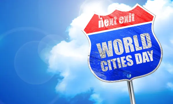 세계 도시 하루, 3d 렌더링, 블루 거리 표지판 — 스톡 사진