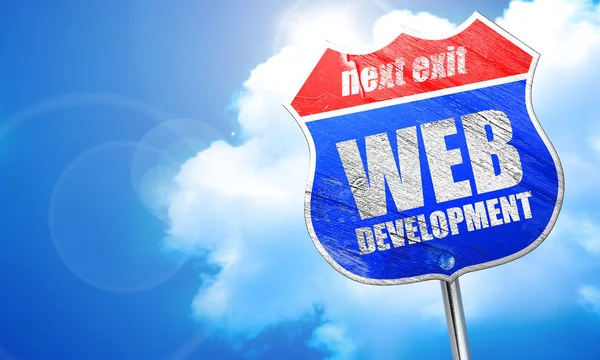 Sviluppo web, rendering 3D, cartello stradale blu — Foto Stock