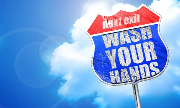 Lávese las manos, representación 3D, letrero de calle azul — Foto de Stock