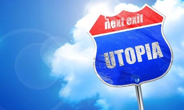 Utopía, representación 3D, letrero de calle azul — Foto de Stock