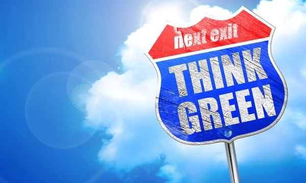 Pensar verde, renderização 3D, sinal de rua azul — Fotografia de Stock