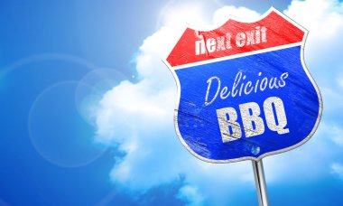 Barbekü işareti arka plan, 3d render, mavi sokak tabelası