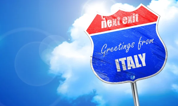 Приветствие от Италии, 3D рендеринг, синий знак улицы — стоковое фото